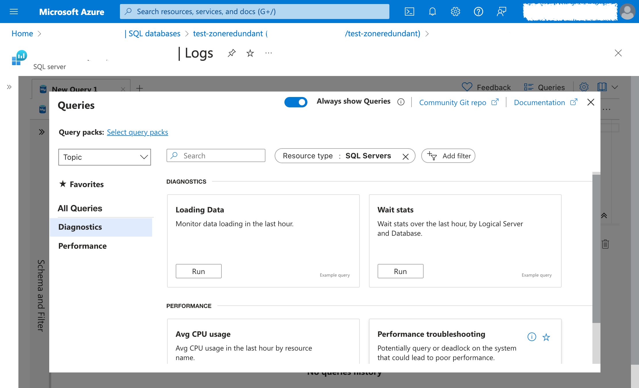 Screenshot of the Logs panel showing the query selector.