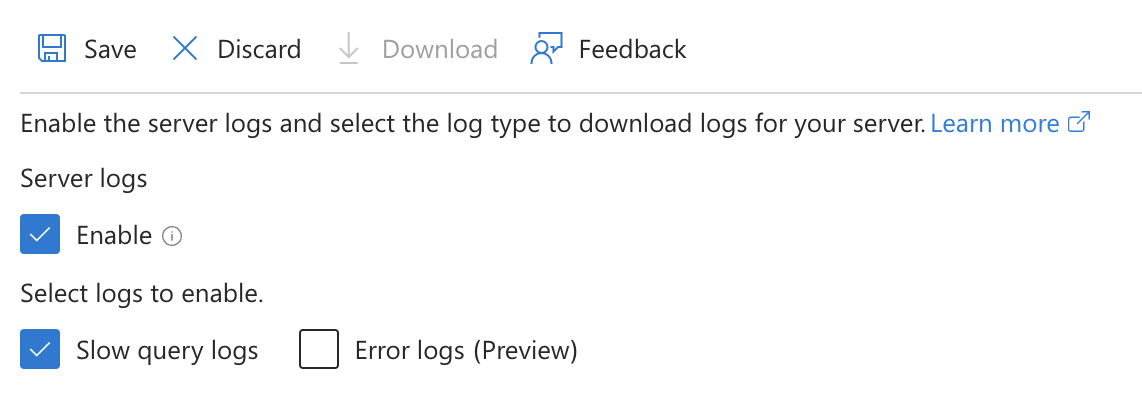 Screenshot of the Azure portal page to enable slow query server logs.