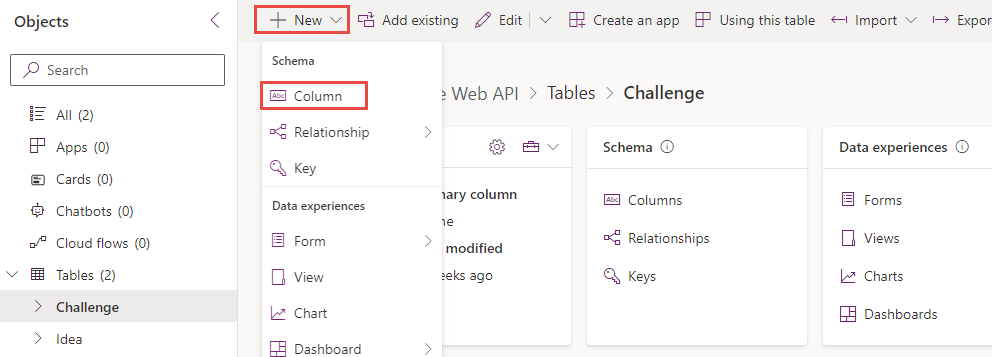 Screenshot of the add column to table button.