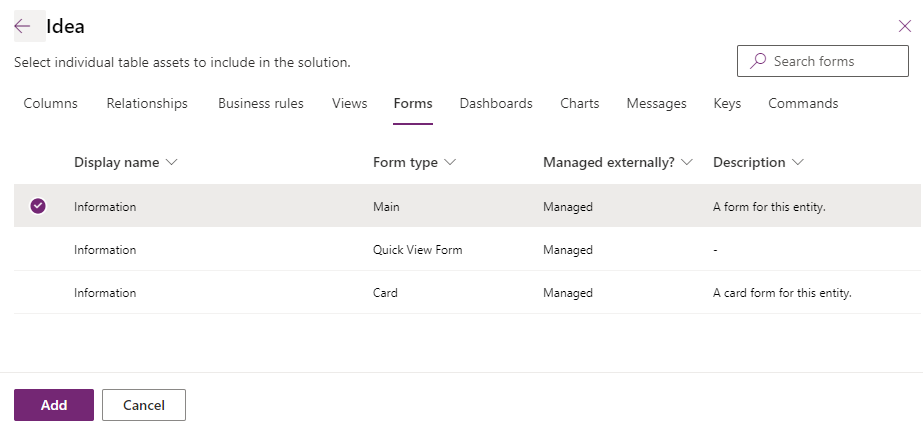 Screenshot of the add component window.