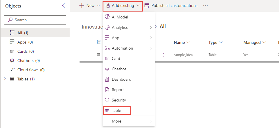 Screenshot of the add existing table to solution menu.