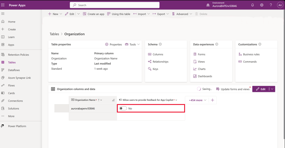 Screenshot showing the feedback column setting.