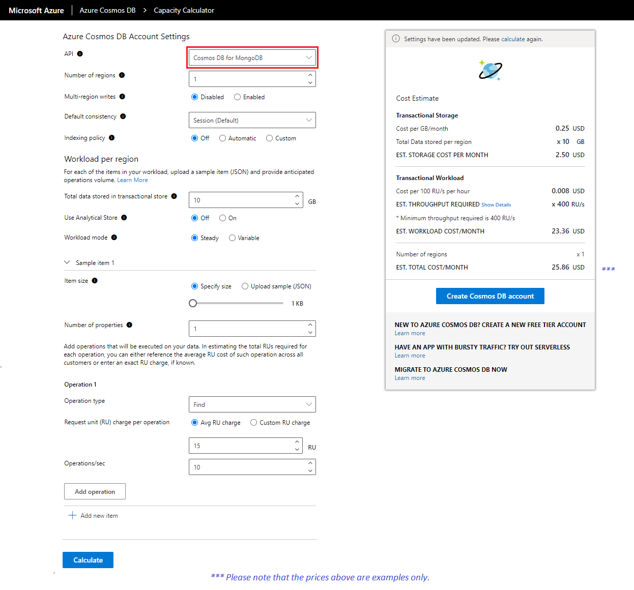 Screenshot showing the Azure Cosmos DB capacity calculator - Advanced mode.