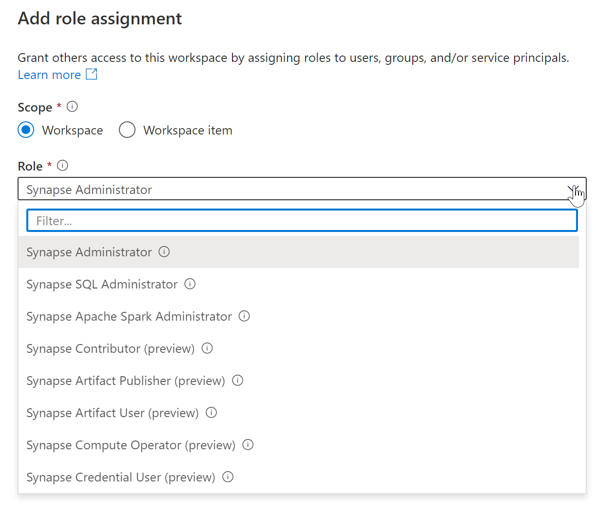 Creating a workspace admin in Azure Synapse workspace