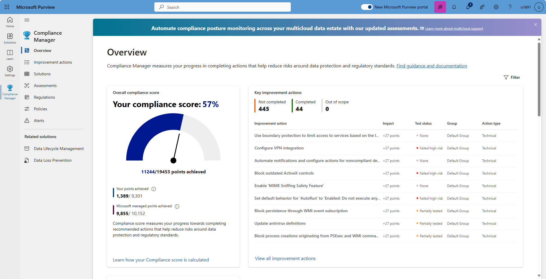 Screenshot of the Compliance Manager overview page in the Microsoft Purview portal.