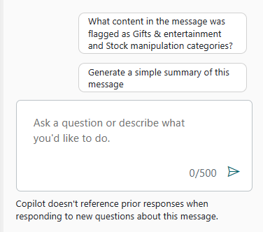 Screen capture showing more default prompts and the prompt bar to enable the user to learn more about the message that triggered the policy.