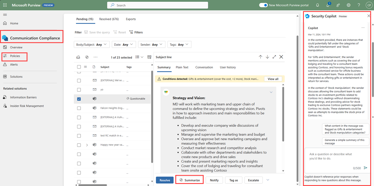 Screen capture of a Communication Compliance policy alerts page and the Security Copilot summary for that policy alert.
