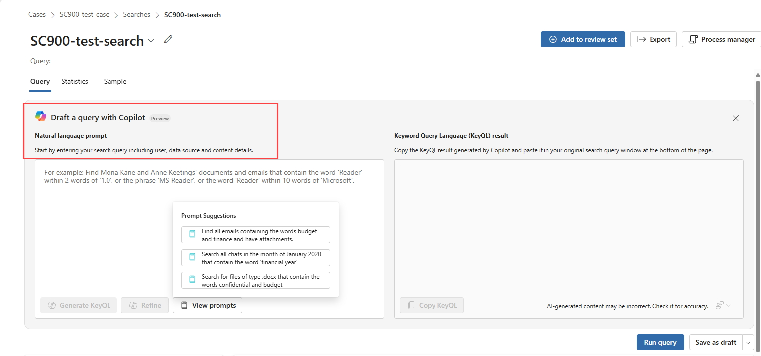 Screen capture showing the user interface for drafting a query with Copilot, using natural language. The option to use available prompts to generate the query is also shown.