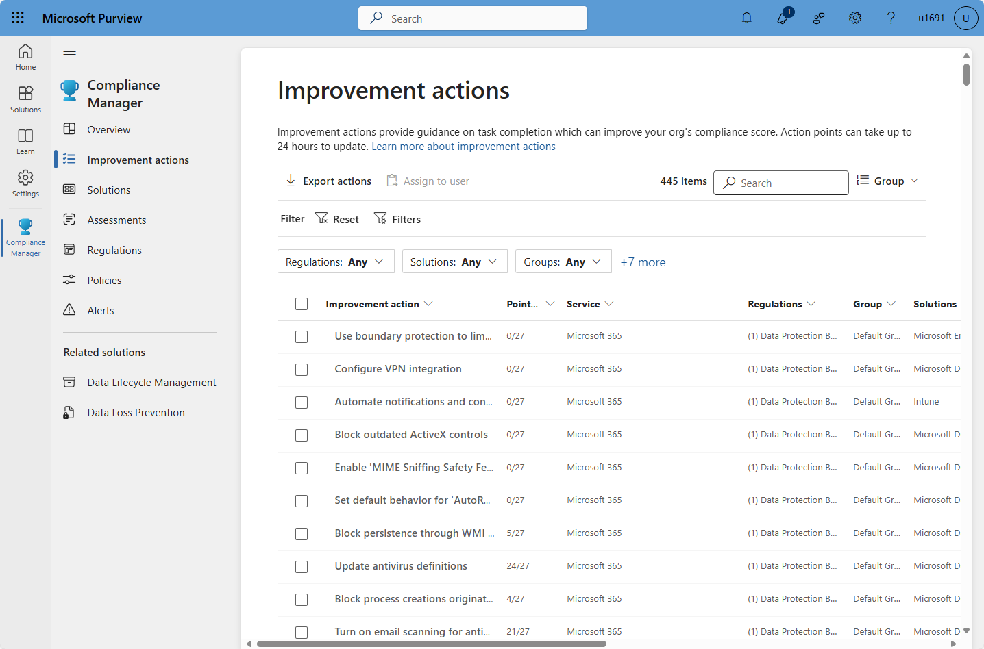 A screenshot of the improvements actions page of Compliance Manager in the Microsoft Purview portal.