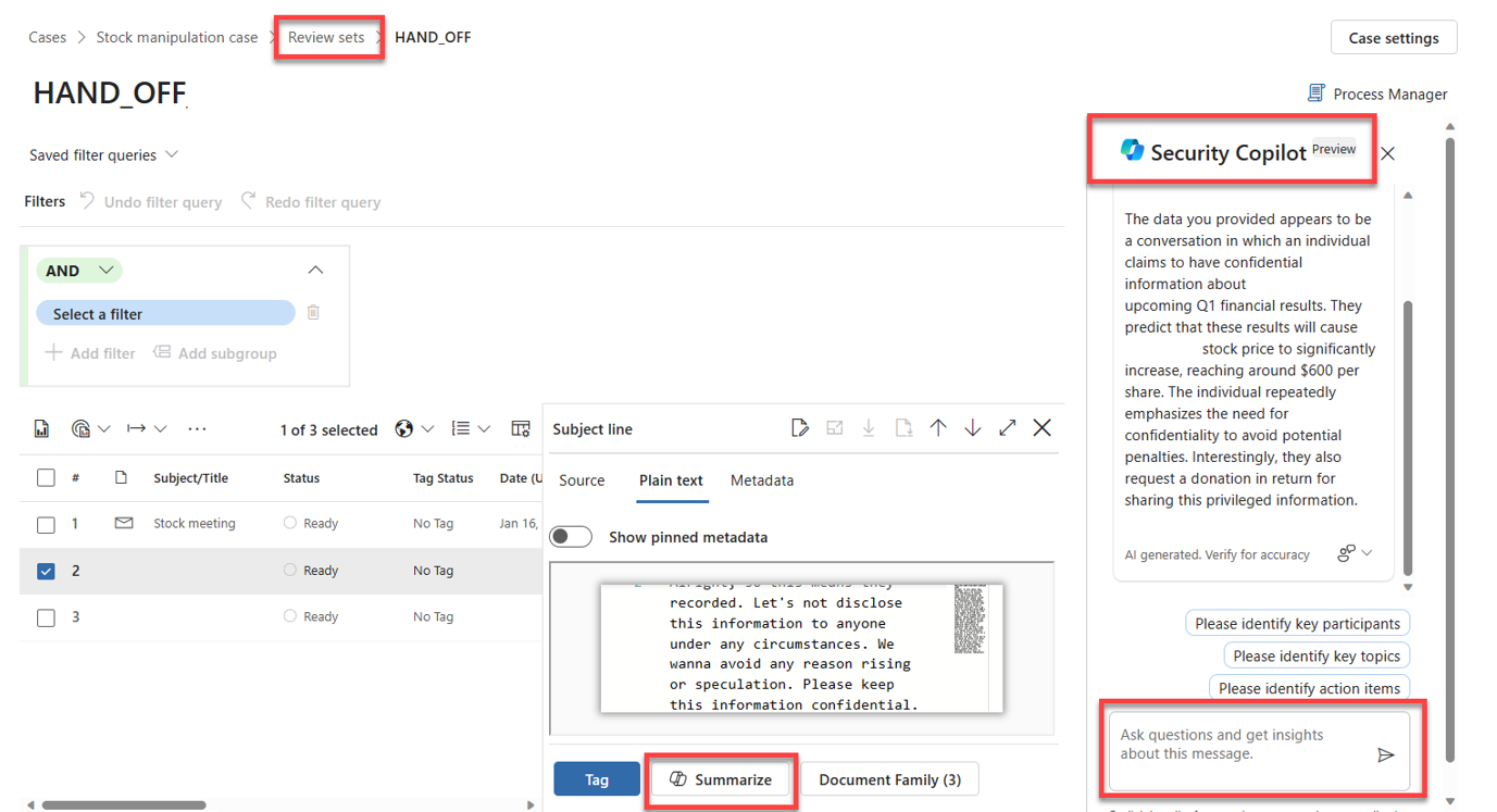 Screen capture of the context generated by Copilot for an item in a review set of Microsoft Purview eDiscovery (Premium).