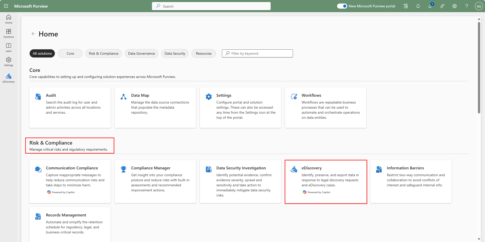 A screen capture of the Microsoft Purview portal that highlights eDiscovery in the risk and compliance set of solutions.