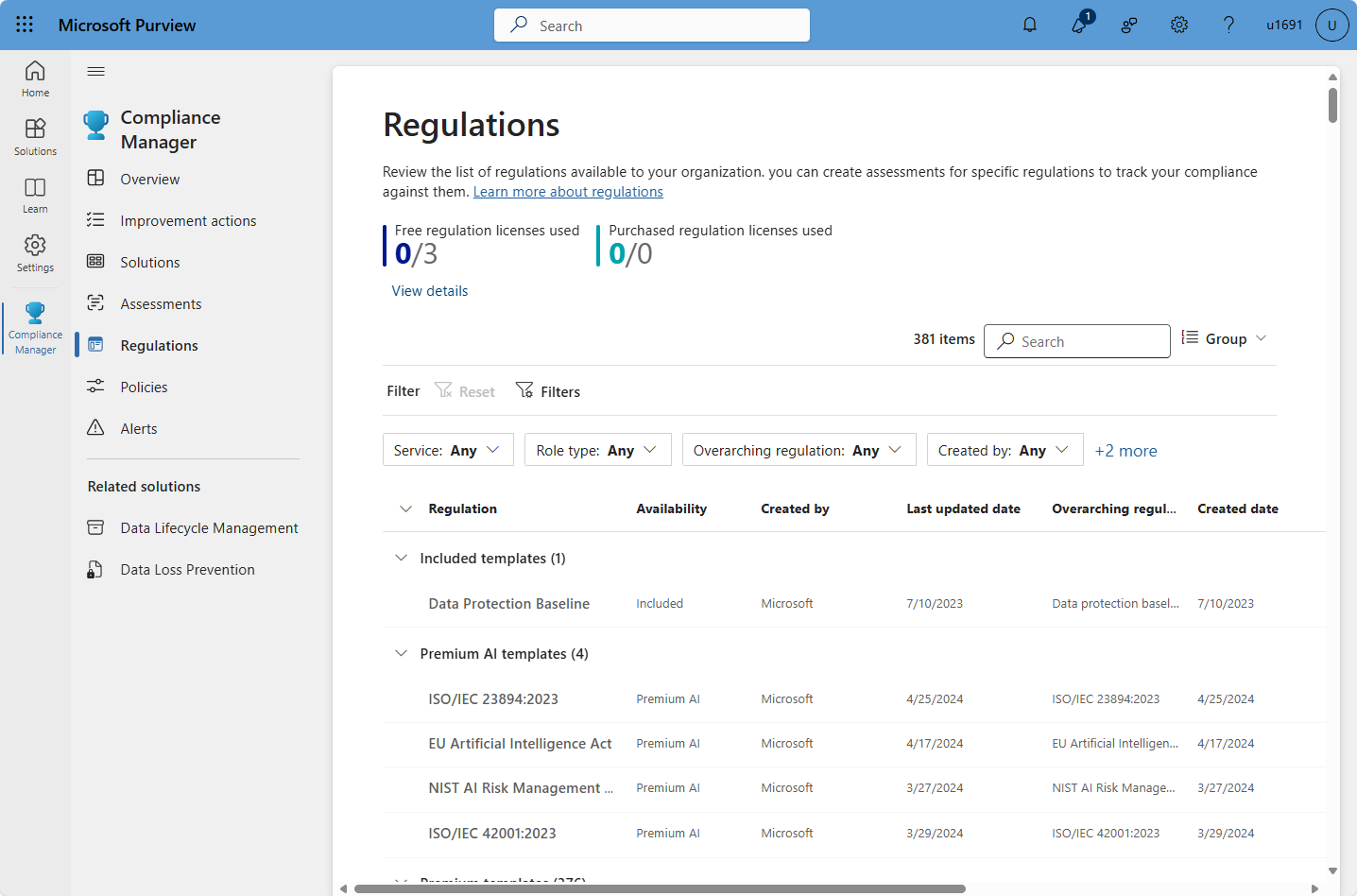 A screenshot of the regulations page of Compliance Manager in the Microsoft Purview portal.