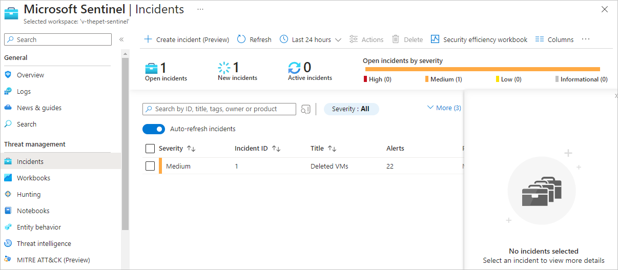 Screenshot of a list of incidents in Microsoft Sentinel.