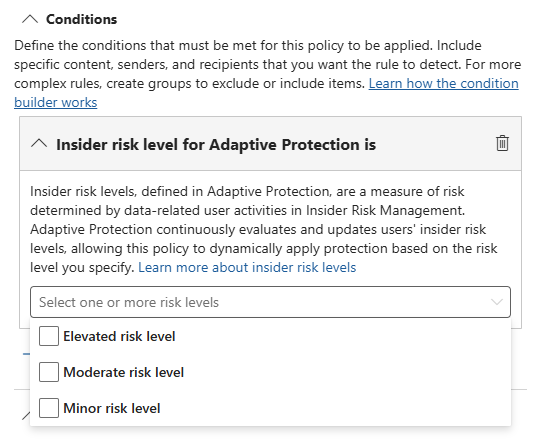 Screenshot showing where to configure the risk level for Adaptive Protection in DLP.