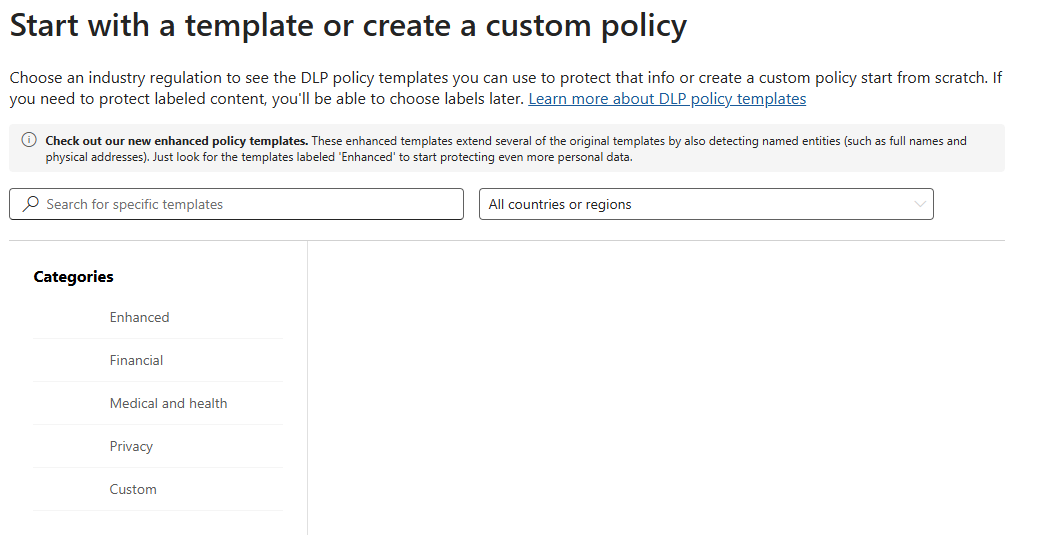 Screenshot showing the option to create a DLP policy from template or create a custom policy.