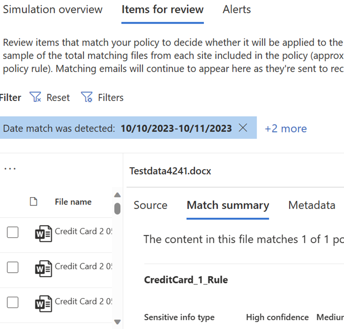 Screenshot showing the items for review view for DLP simulation mode.