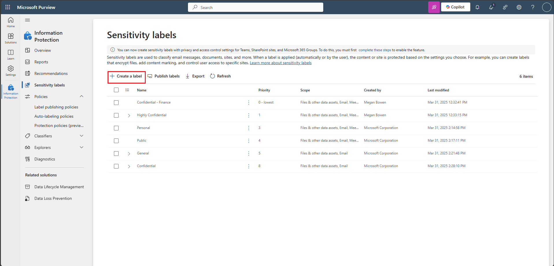 Screenshot showing where to create a label in the Microsoft Purview portal.