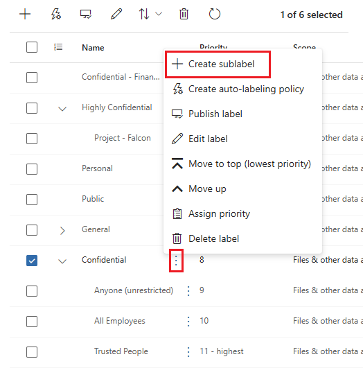 Screenshot showing where to create a sublabel to a parent sensitivity label.