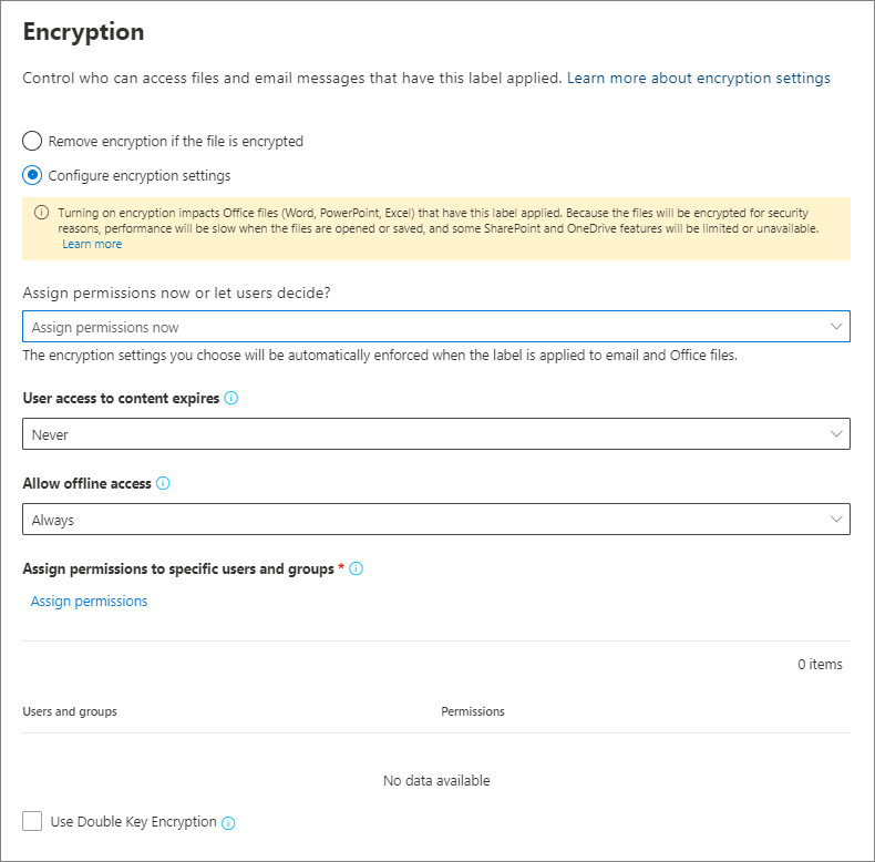 Screenshot of sensitivity label options for encryption.