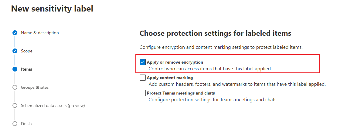 Screenshot of sensitivity label protection options for items.