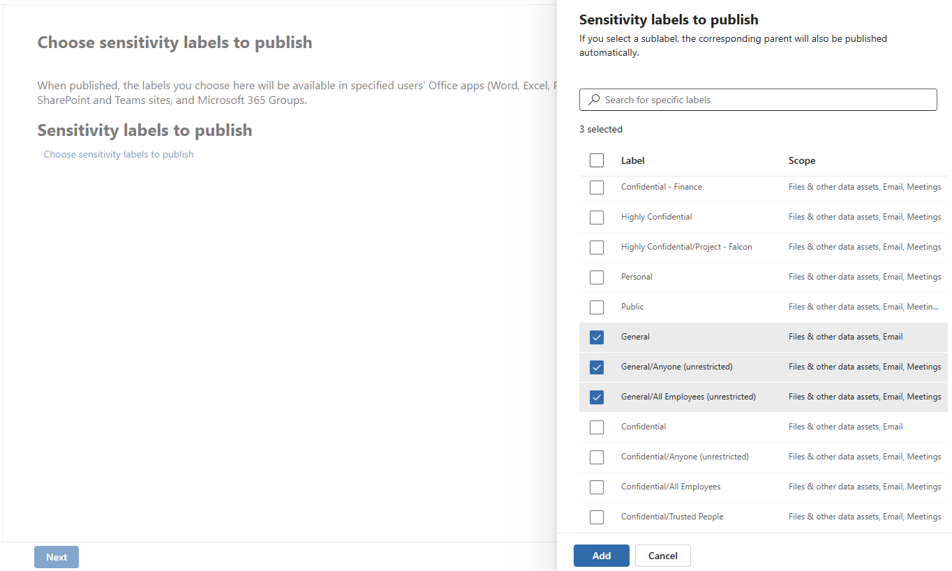 Screenshot showing selecting sensitivity labels to publish.