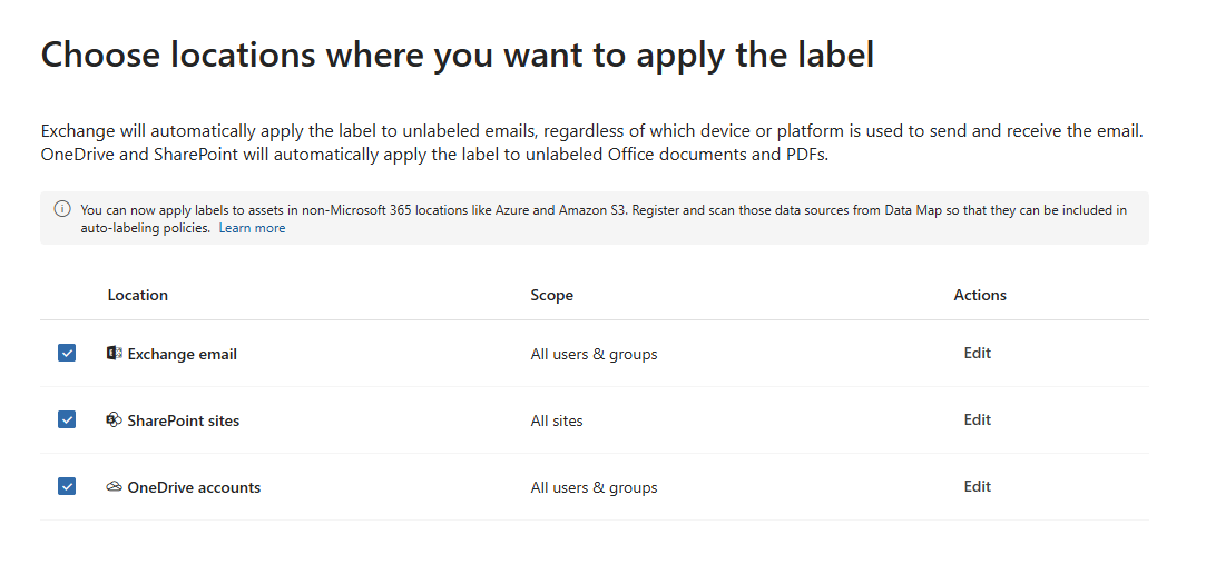 Screenshot of the Choose locations page for auto-labeling configuration.