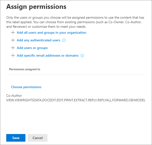 Screenshot of options to assign permissions to users.