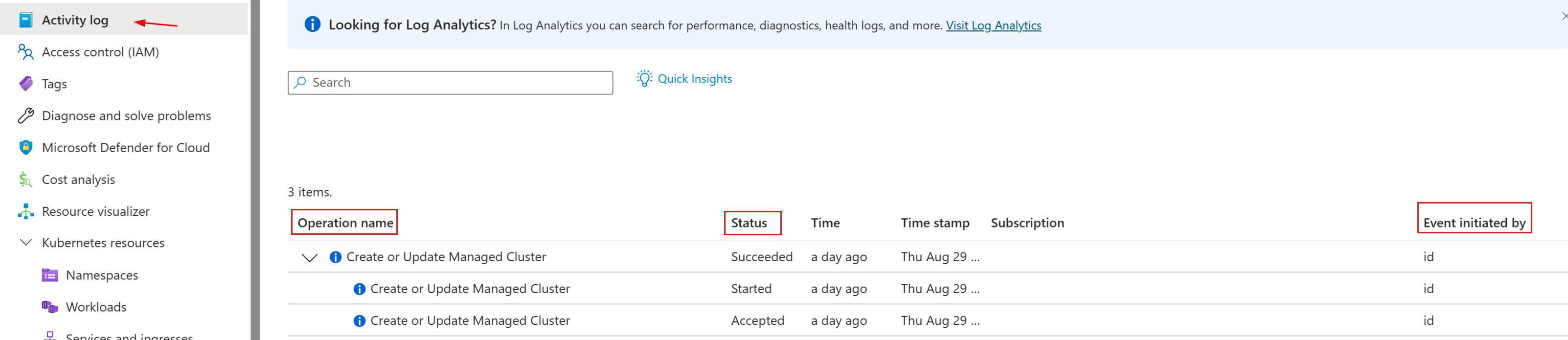 Screenshot of the view in Activity log.