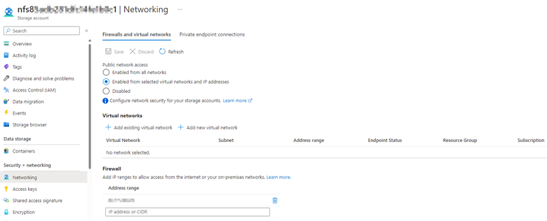 Screenshot of the settings under 'Firewalls and virtual networks'.