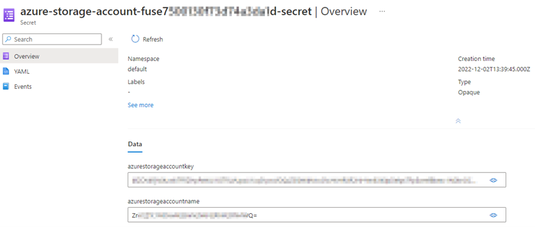 Screenshot that shows the values of the storage account name and associated key.