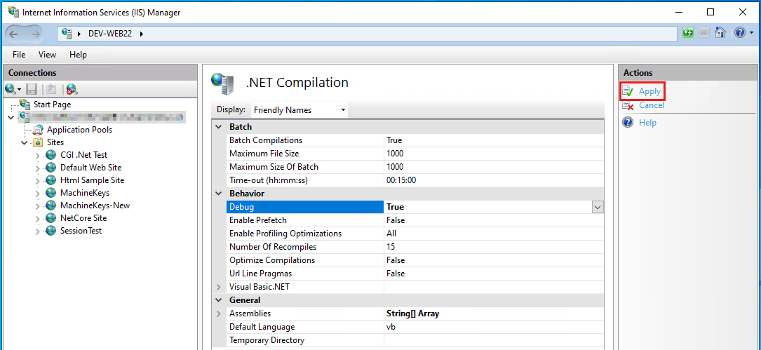 Screenshot of the Apply button in IIS Manager.
