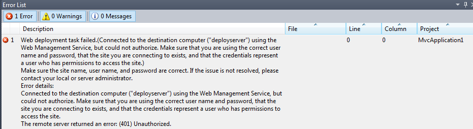 Screenshot that shows the Error List in Visual Studio displaying permission issue errors.