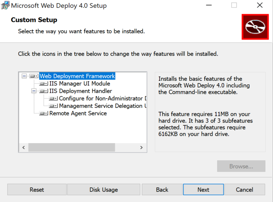 Screenshot that shows the Microsoft Web Deploy 4 dot 0 Setup dialog box. Web Deployment Framework is highlighted.