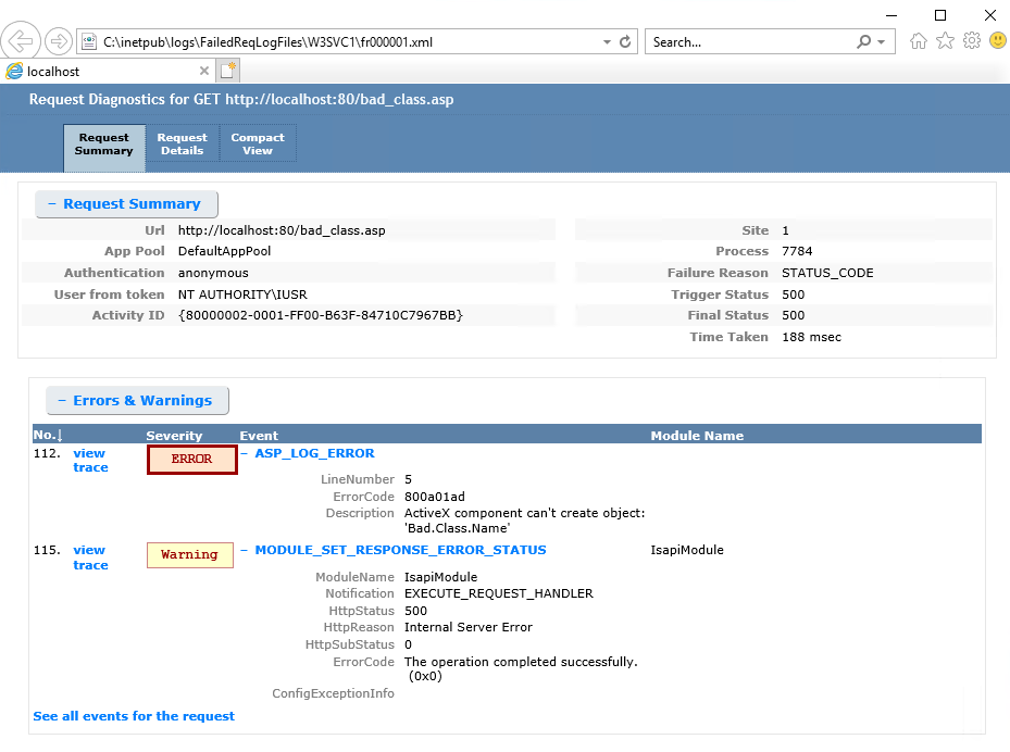 Screenshot of a browser window displaying the Request Summary of a failed trace log error.