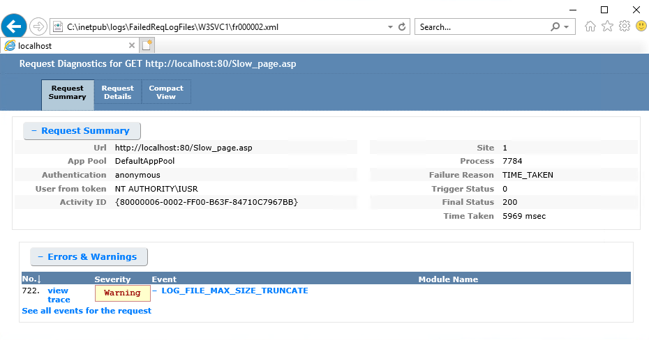 Screenshot of a browser window displaying the Request Summary of a failed trace log warning.