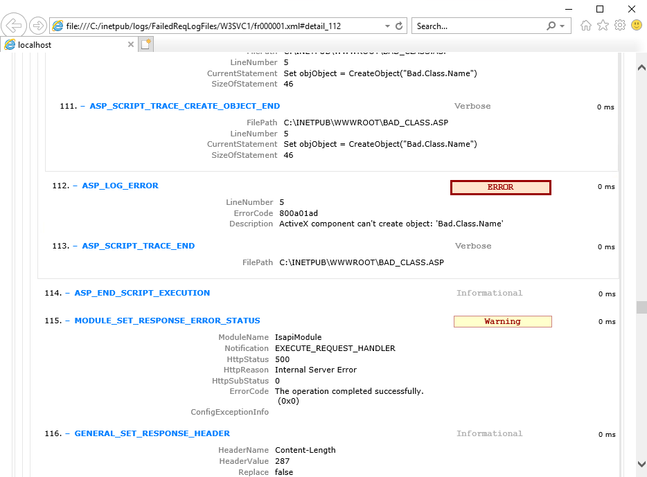 Screenshot of a browser window displaying the section of the trace where the error occurred.