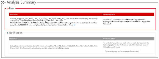 Screenshot of a stack overflow error summary.