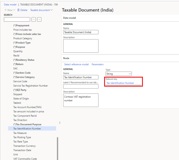 The Natural key field for Tax Identification Number on the Taxable Document (India) page.