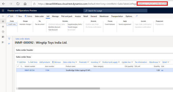 An example of how to turn on debug mode by changing the URL.