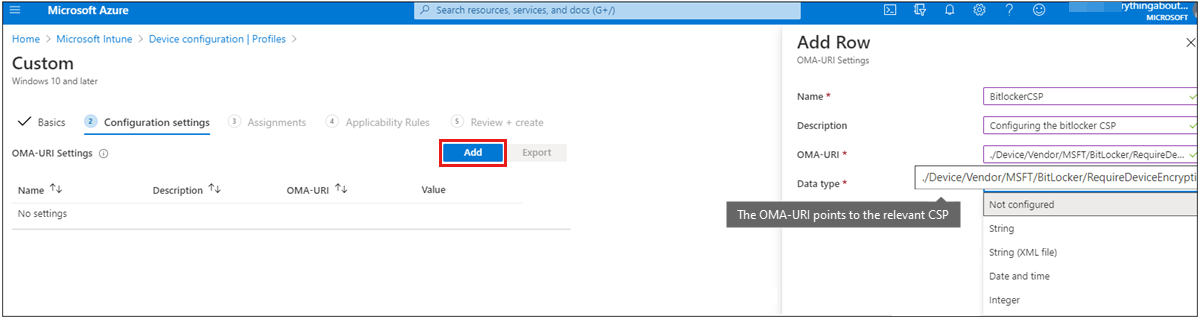 Screenshot of the Configuration settings and Add Row pages.