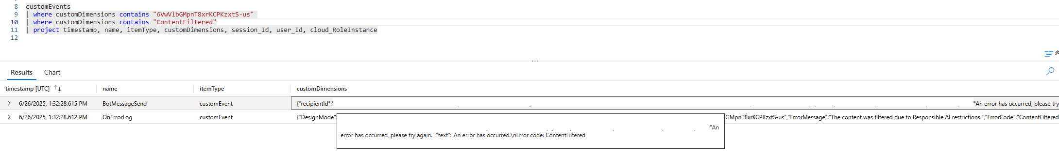 Screenshot of an Azure Application Insights table filtered by a KQL query to validate based on a specific conversation ID.