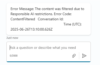 Screenshot of an error message warning that the content was filtered due to Responsible AI restrictions.