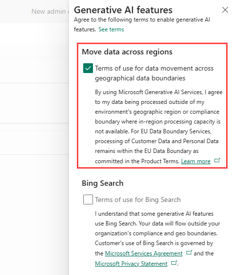 Screenshot of the Generative AI features terms and conditions message.