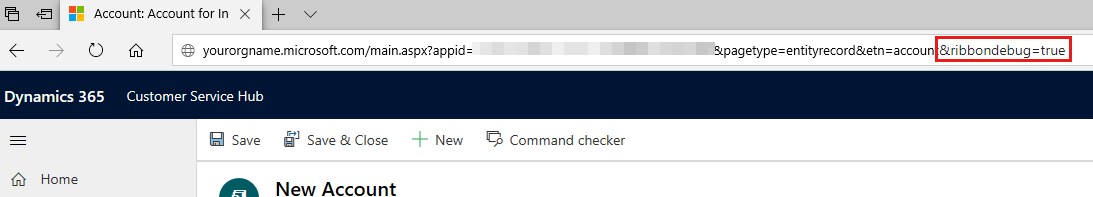 Screenshot shows the parameter is appended to a Dynamics 365 application URL.