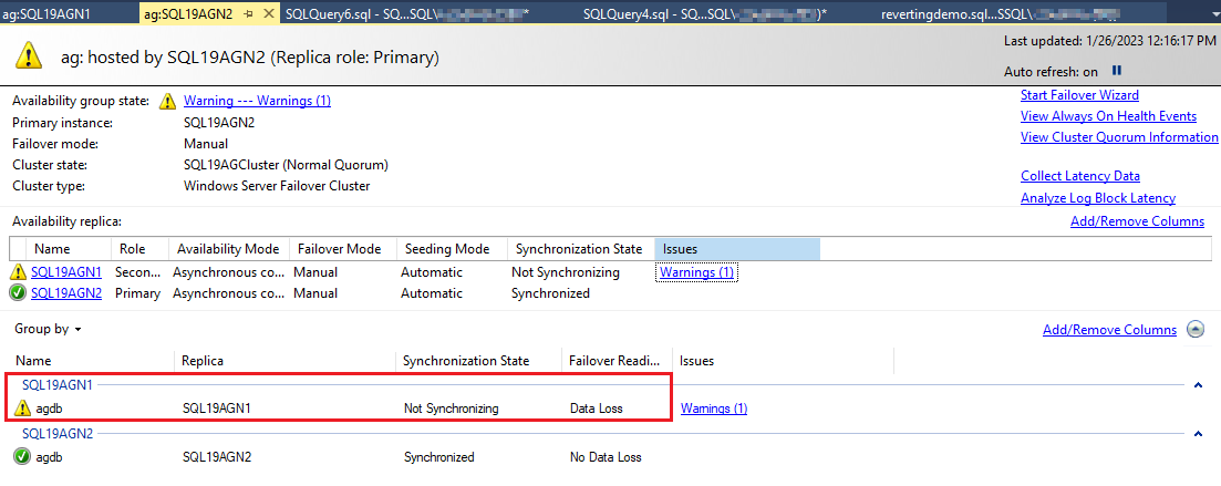 Screenshot of the Always On dashboard reporting Not Synchronizing on the primary.
