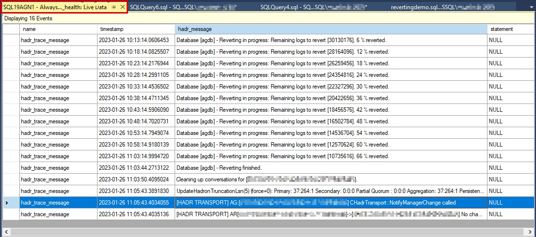 Screenshot of the AlwaysOn_health extended event diagnostic log.
