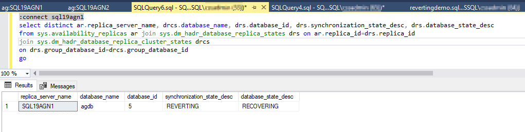 Screenshot of Always On DMVs reporting REVERTING on the secondary.