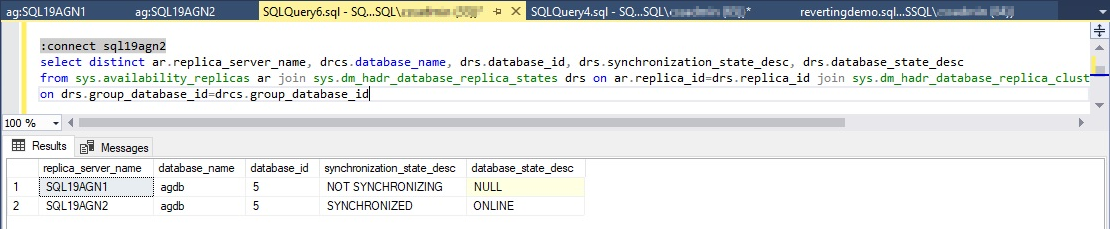 Screenshot of Always On DMVs reporting NOT SYNCHRONIZING on the primary.