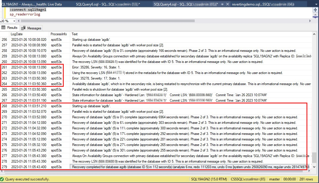 Screenshot of the SQL Server error log for reverting and recovery phase.