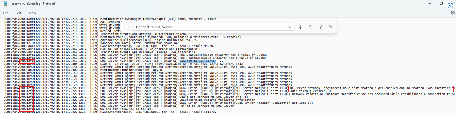 Screenshot of the Cluster log showing connect to SQL and the threadID.